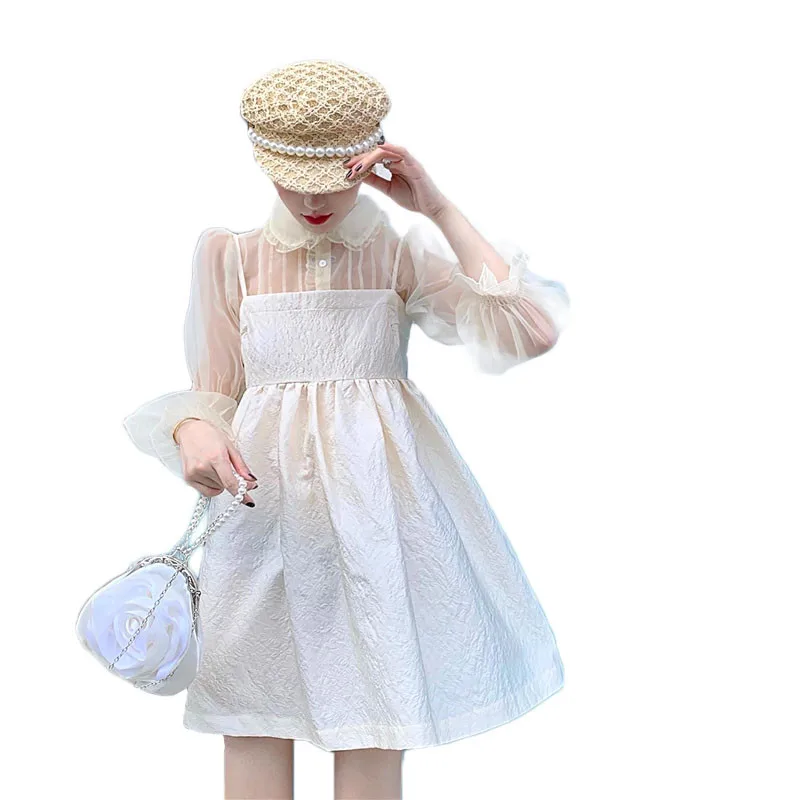 

Summer New Fashion Small Girl 2pc Dress Suits Puff Sleeve Transparent Shirt&Retro Strap Dress Sets Fashion Two Pieces Dress Sets