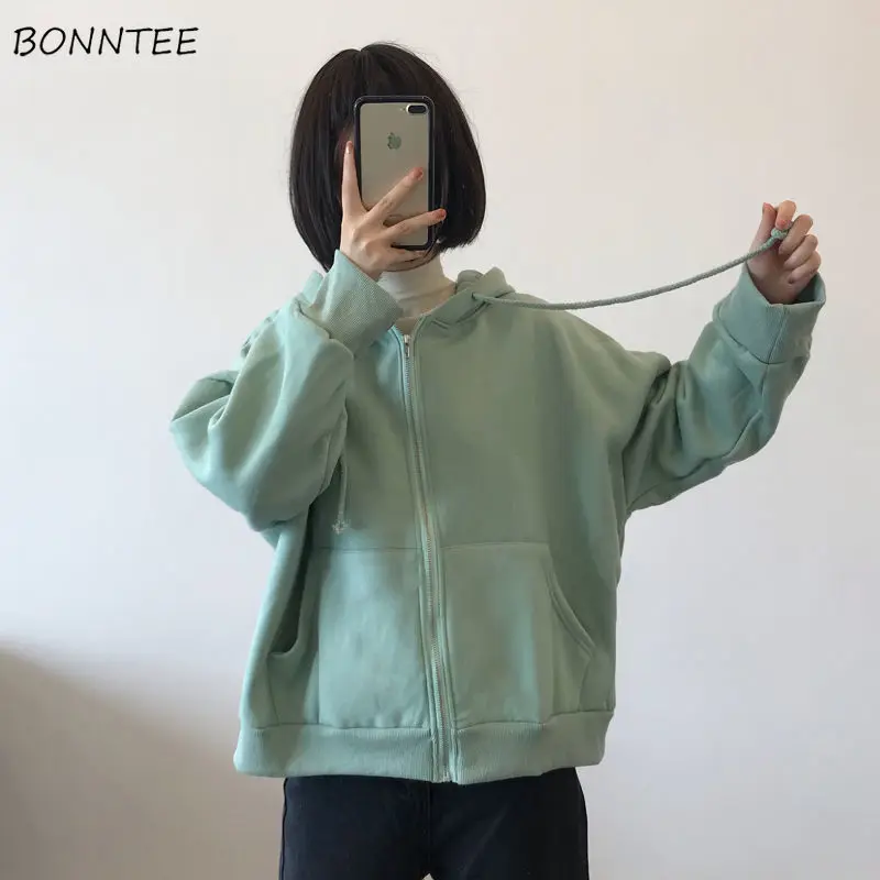 

Hoodies Women Hooded Front Pocket Zipper Plus Velvet Thicker Preppy Style Ins Trendy Outerwear Ulzzang New All-match Autumn Chic