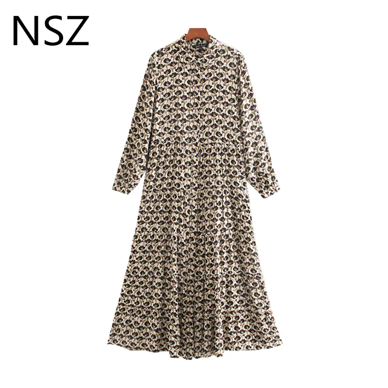 NSZ Женское Платье макси с цветочным принтом отложной воротник миди платье