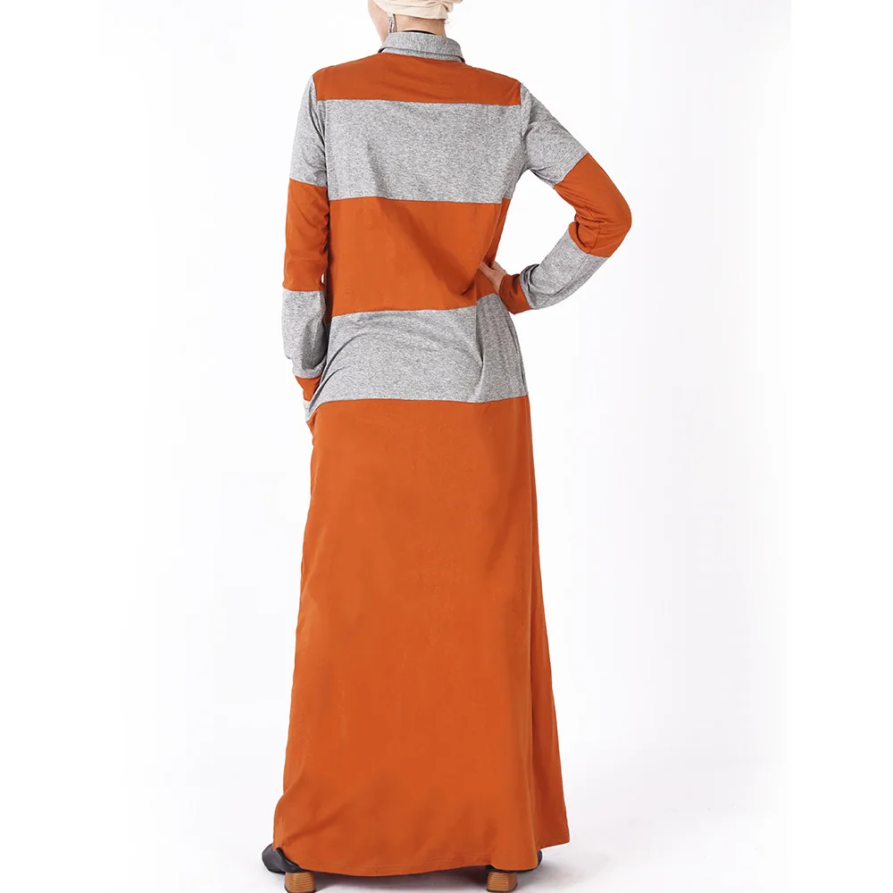 

New Middle East Dubai Muslim Women's Fashion Color Matching Long-sleeved Large Size Shirt Collar Dress Casual Knitted Long Skirt