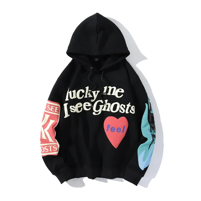 

LUCKY ME I SEE GHOSTS Letter Print Sweatshirt Men Kanye West Graffiti Fleece Winter Hooded Hoodies Hip Hop Long Sleeve Coats