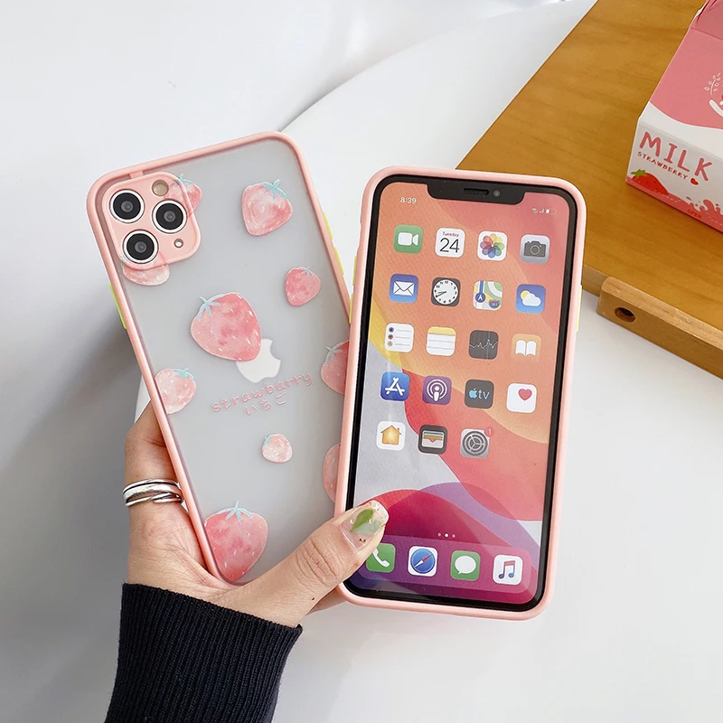 

Cute Pink 3D Strawberries Phone Case for iPhone 11 12 XS Pro Max Mini 7 8 Plus SE X XR Camera Protection Clear Matte Back Cover