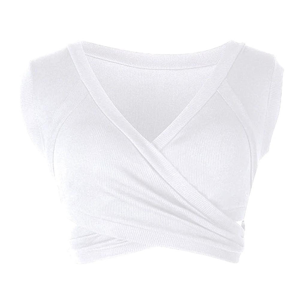 Сексуальный женский летний однотонный кроп-топ с V-образным вырезом облегающий