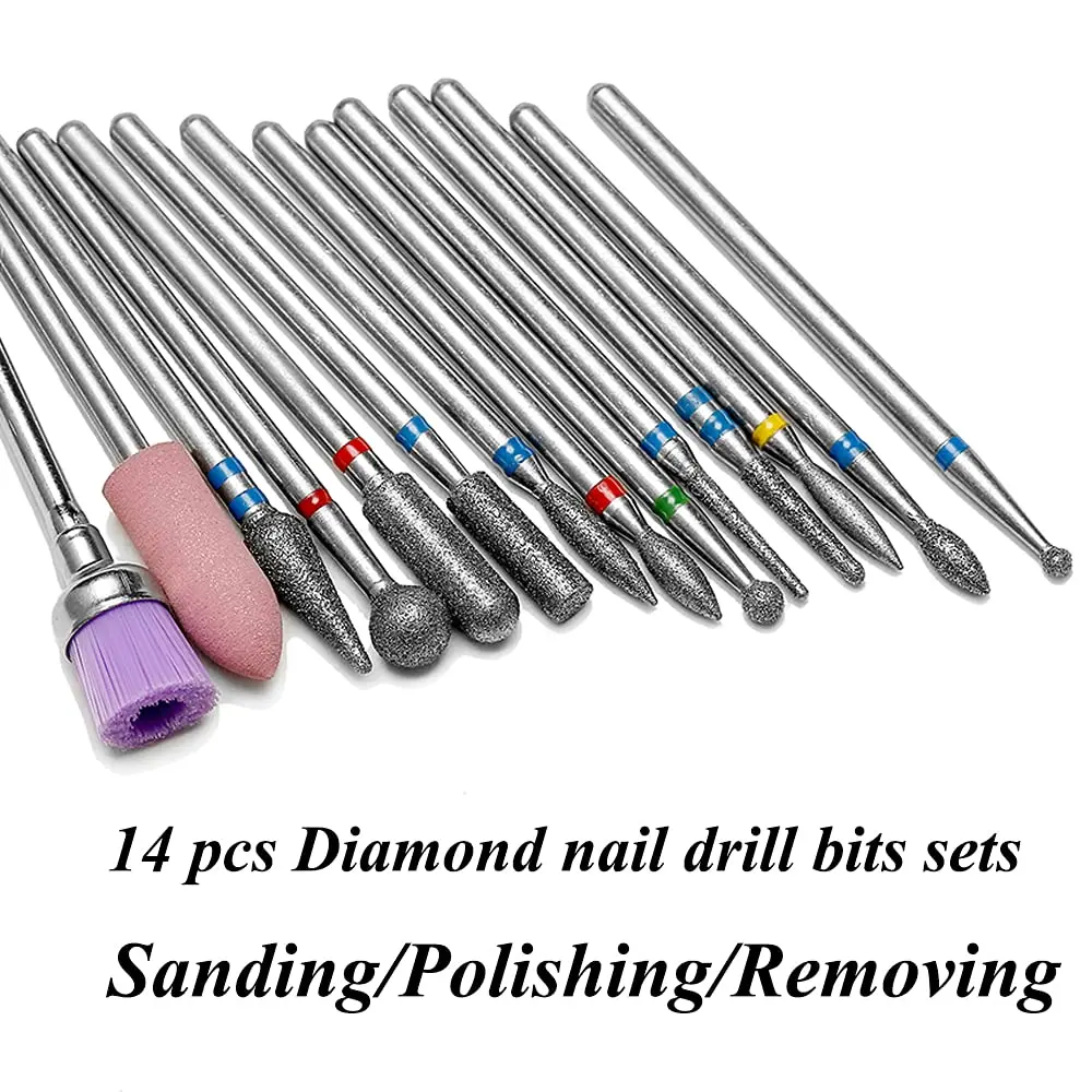 14pcs Nail Drill Bits Set, Professional Rotary Burrs Diamond Cuticle Remover Bits Kit, 3/32
