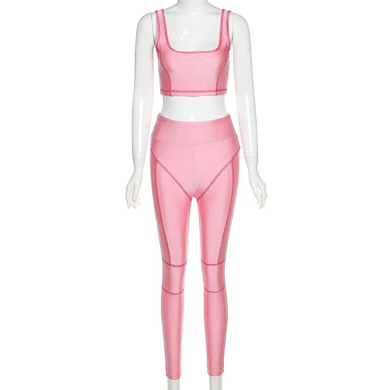 

Fitness 2 Piece Set Women Tracksuit Bodycon Sleeveless Crop Top Leggings Joggers Sweat Suit Workout Sport Femme Outfits 2021