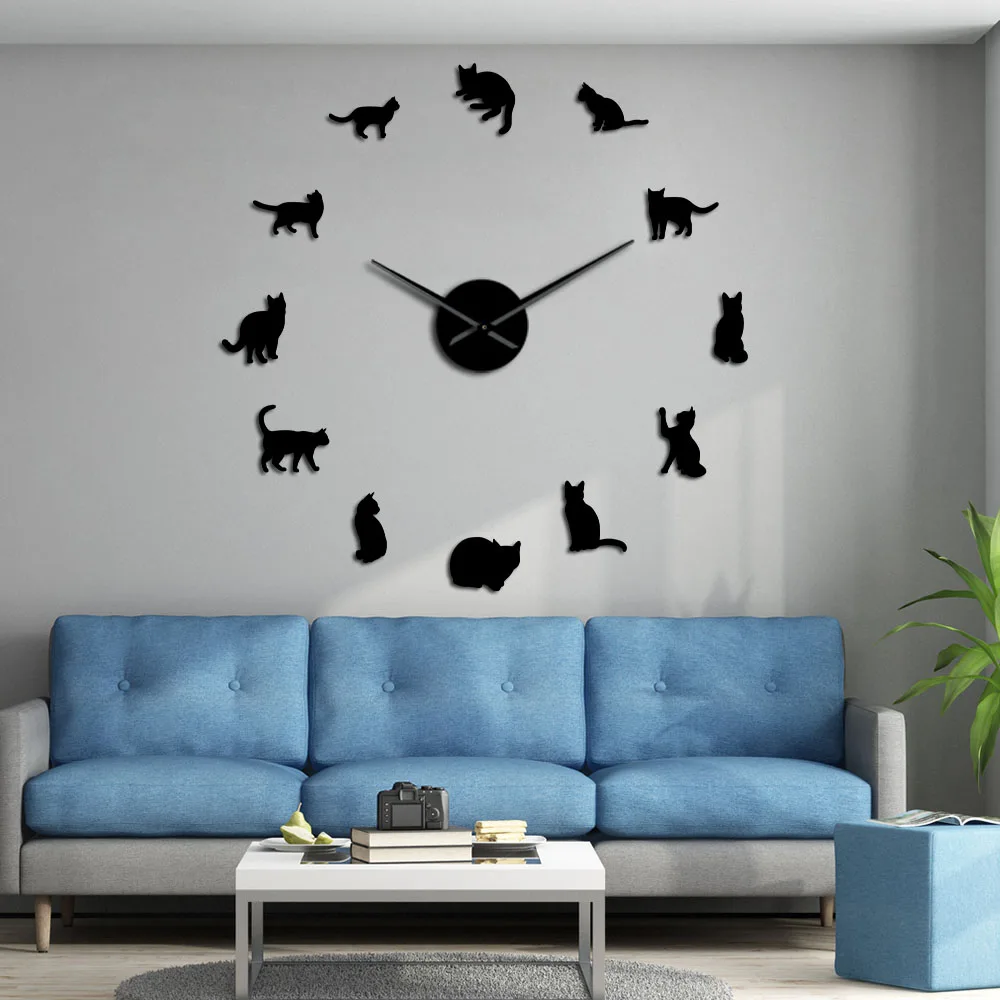 Силуэт кошки настенные художественные котята DIY гигантские настенные часы игривые кошки большая игла котенок девушка комната большие настенные часы кошачий вентилятор подарок