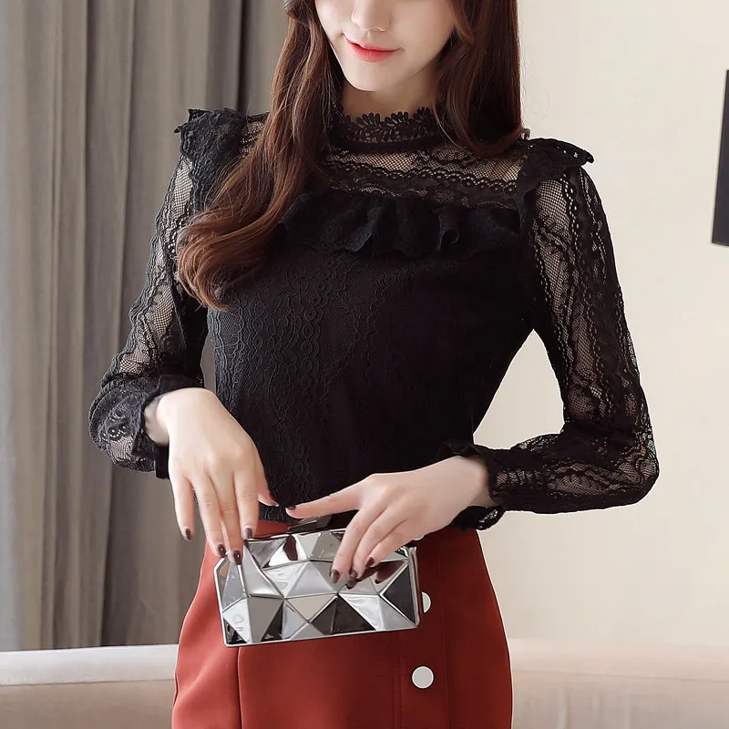 Женская кружевная блузка MUMUZI Повседневная Теплая Флисовая с длинными рукавами и