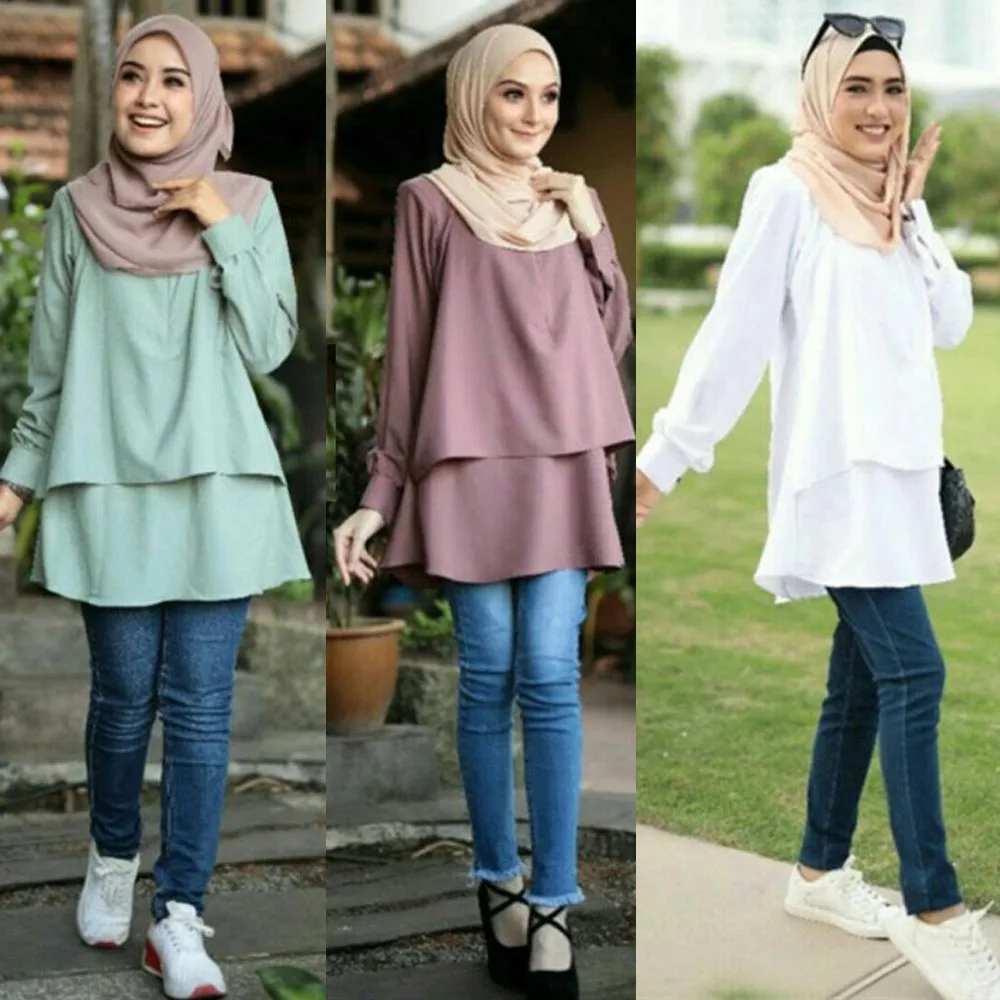 

2021 Fashion Long Sleeve Loose Blouse Tunic Solid Color For Female Kaftan Women Muslim Shirt Tops Islamic Clothes Arab Turkish