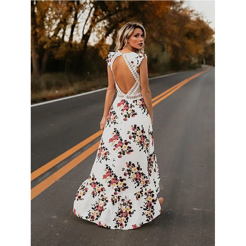 Женское винтажное платье в стиле бохо длинное с цветочным кружевом и открытой