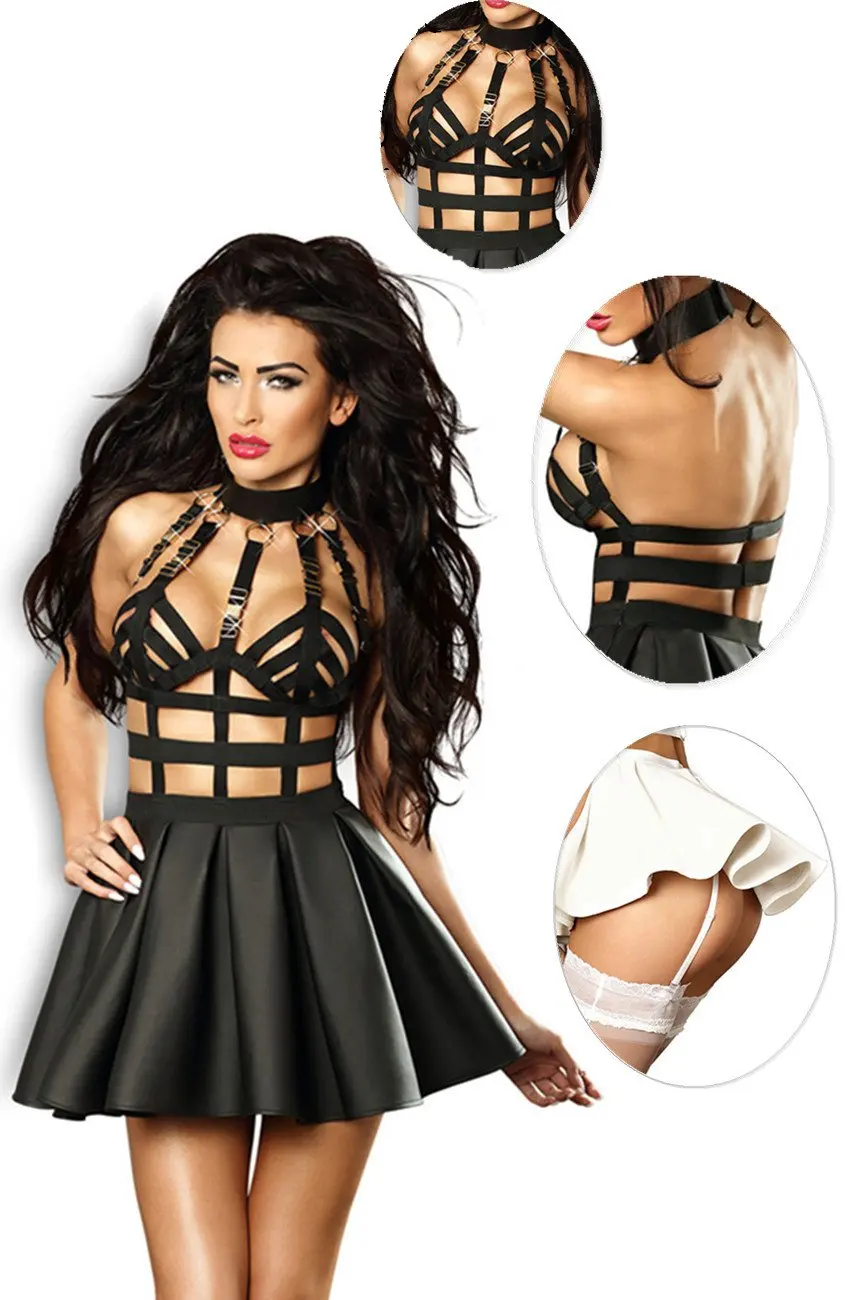 Женская юбка-зонтик черные и белые мини-платья из искусственной кожи для бондажа