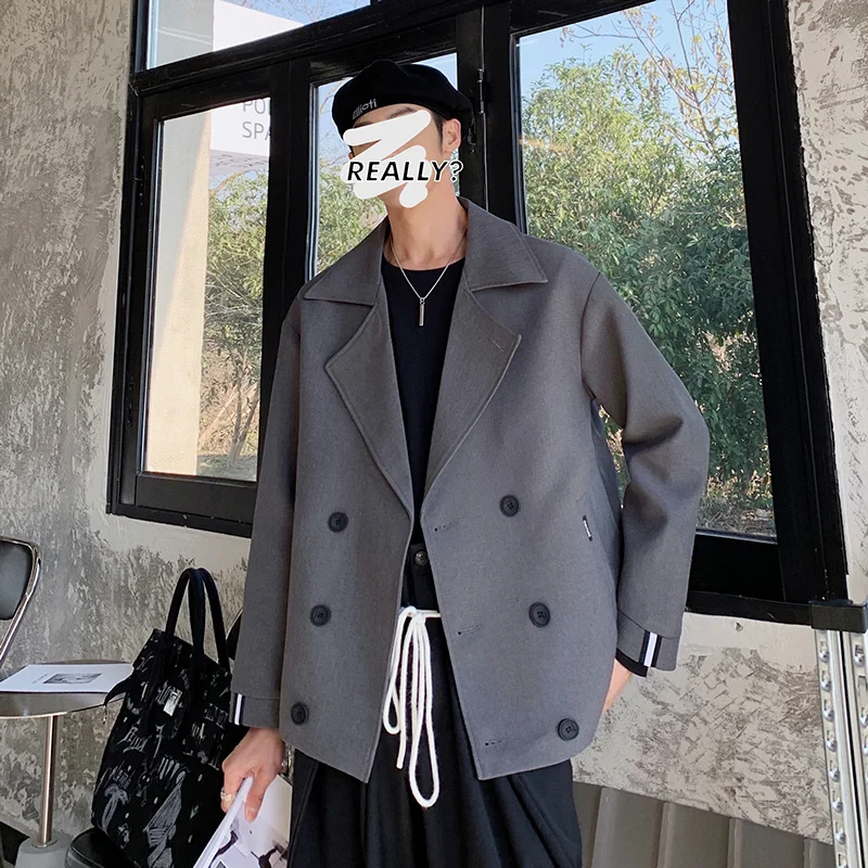 

2021 New Suit Jacket Men Double Breasted Korean Casual Blazer Male Solid Loose Vintage Boxy Tops Fashion Streetwear Clothing