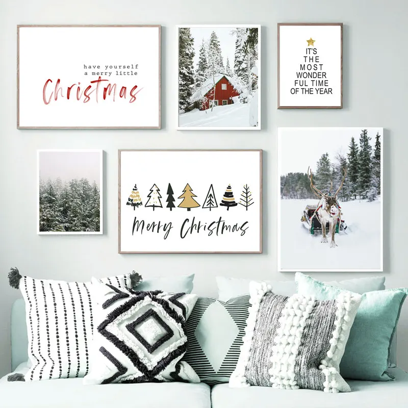 

Snow Elk Christmas Cartoon Wall Art Canvas Painting Nordic Posters and Prints Wall Pictures for Living Home Decoration Frameless