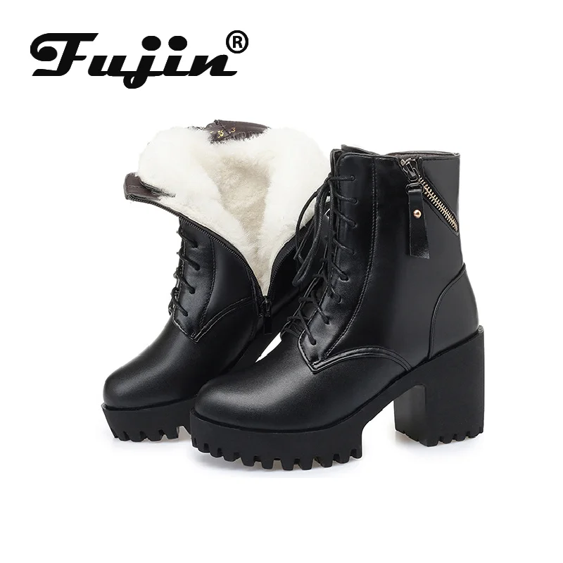 Fujin/зимние ботинки из шерсти Женские Теплые ботильоны натуральной кожи с мехом на