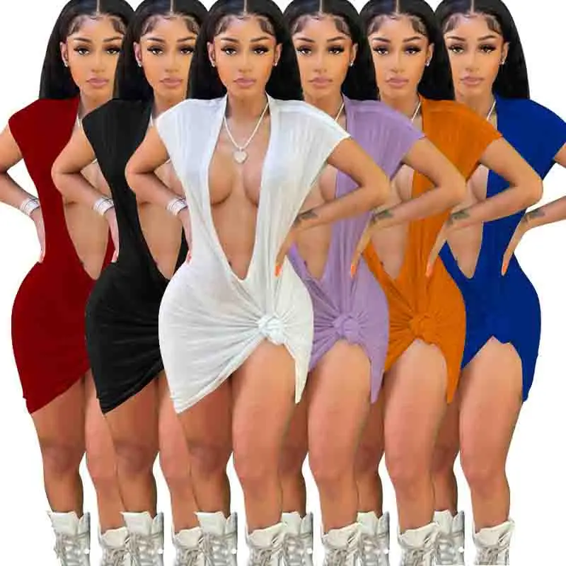 

Sexy Solid Color Deep V-Neck Solid Color Fashion Nightclub Dress Casual Straight Short Sleeve Summer Women Dress