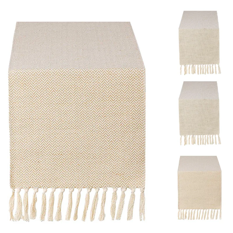

Farmhouse Woven Table Runner Cotton with Handmade Fringe, Rustic Cotton Village Dining Decor