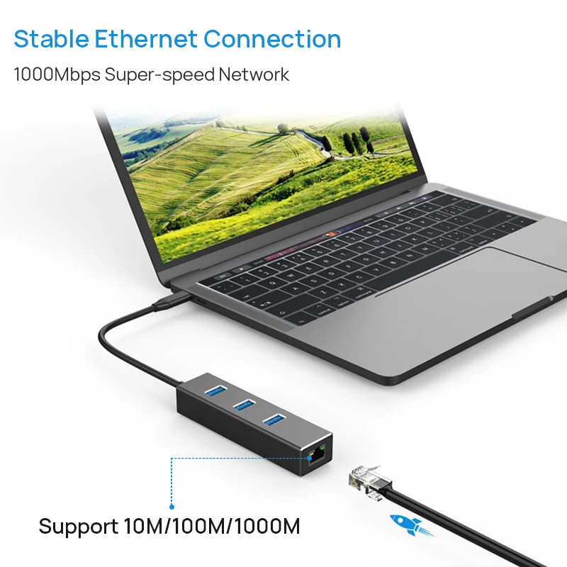 Концентратор USB Type-C USB-C RJ45 адаптер Gigabit Ethernet 1000 Мбит/с LAN порт USB-A 3 0 с держателем для