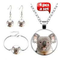 cute koala art photo jewelry set cabochon glass pendant necklace earring bracelet totally 4 pcs for womens girl creative gifts