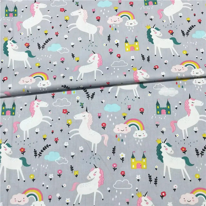 Хлопчатобумажная саржевая ткань с радужным принтом единорога 160x50 см Постельное