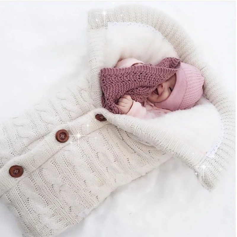 

Newborn Baby Blanket Winter Warm Girls Boys Swaddle Wrap Knit Sleeping Bag Infant Button Bed Swaddling Stroller Wrap Manta Bebe