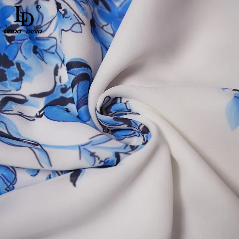 

LD LINDA DELLA Summer Fashion Designer Dress Women Elegant Lace patchwork Long sleeves Bow Bead Floral print Vintage Midi Dress