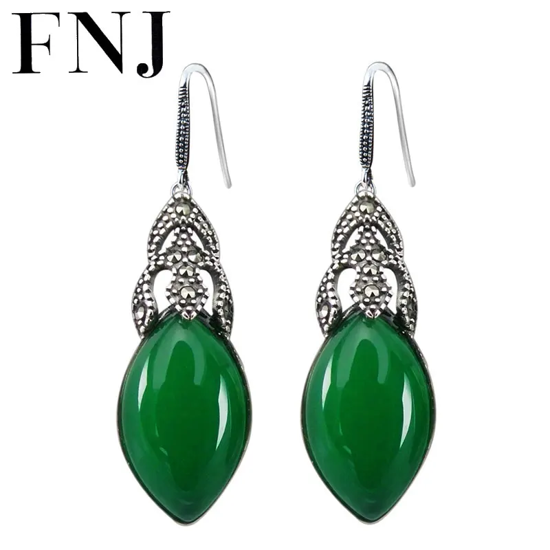 

FNJ MARCASITE Earrings 925 Silver New Fashion Red Stone Green Original S925 Sterling Silver Drop Earring for Women Jewelry