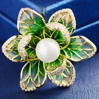 fashion elegant luxury sparkling zirconia pearl enamel flower brooches for women high quality metal pins on coat clothes