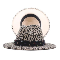 fisvds ribbon imitation wool felt fedoras hats high quality retro unisex leopard print jazz hat for women men caps