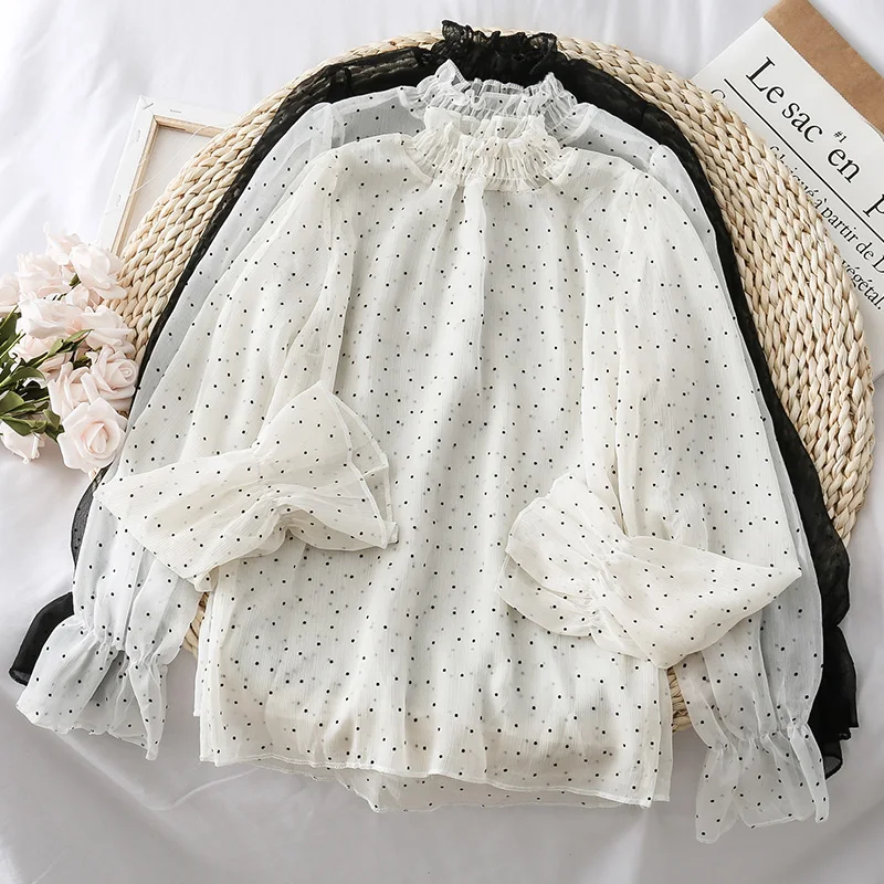 Новинка женская шифоновая блузка прямой в горошек тонкий обычный пуловер для