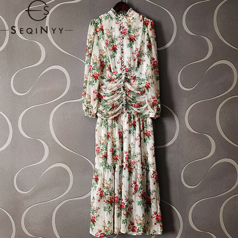 

SEQINYY Elegant Chiffon Dress Summer Spring New Fashion Design Women Runway Floral Vintage Print Draped High Street Slim Casual