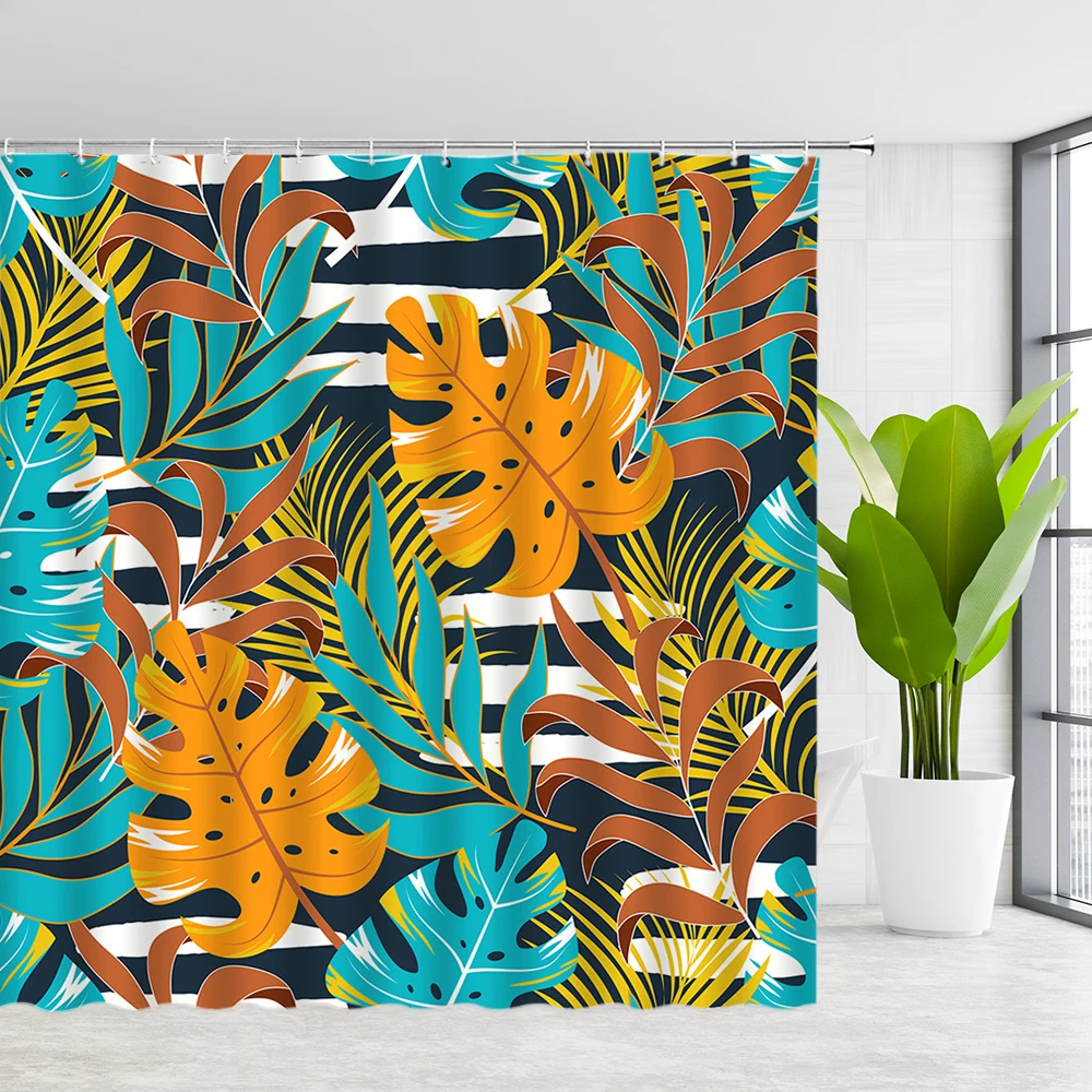 

YSATNSFT Shower Room Curtains Colorful Plant Leaves Water Color Leaf Tropical Plants Themed Pattern Bath Decor Cloth Curatin Set
