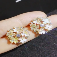 romantic shiny round crystal rhinestone female stud earrings new shell flower floral shape sweet girl earrings jewelry