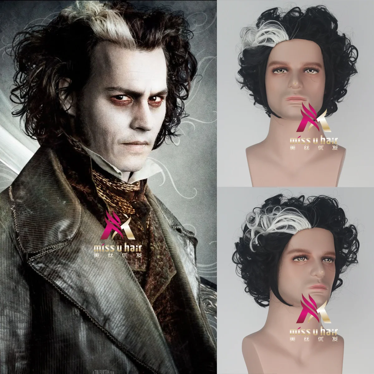 

New Anime Hot Selling Daily Stage Performance Halloween Barber Todd White Pick Black Short Curly Hair Cosplay Suit