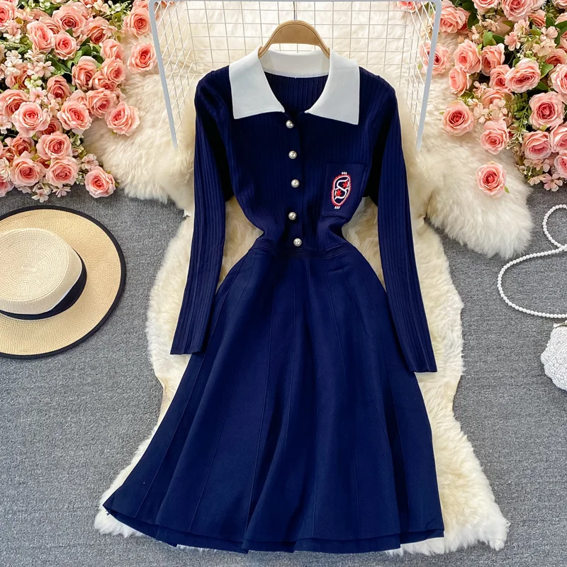 

2021 Autumn Winter College Polo Collar Embroidery Dress Women Waist Close Thin Knit Elastic Dress Girl Bottomed Sweater Dresses