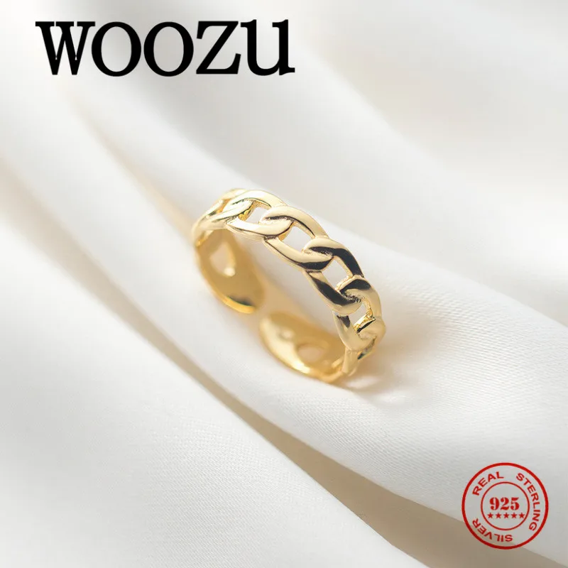 

WOOZU Genuine 925 Sterling Silver Minimalist Hollow Cuban Link Chain Adjustable Finger Ring for Women Punk Hip Hop Party Jewelry