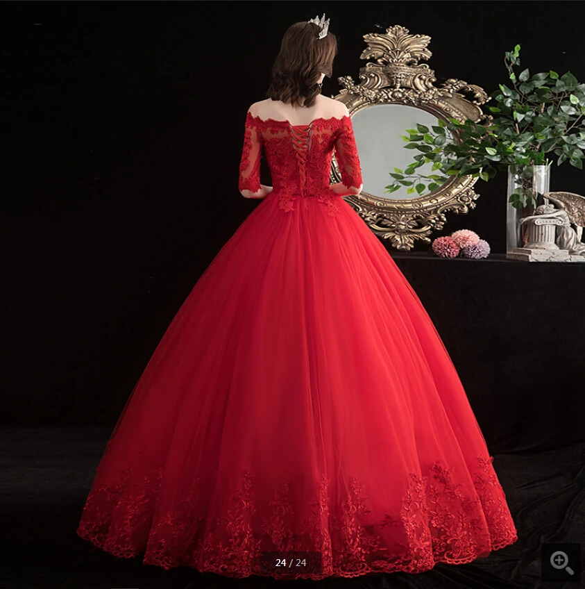 Robe de mariage 2020 Красное Кружевное бальное платье с аппликацией свадебное открытыми