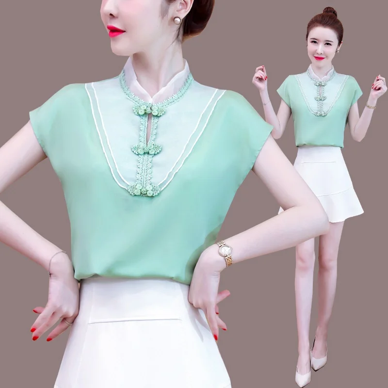 

Chinese Style Clothing Women Fahion 2021 Summer Retro Shirts Chiffon Blouses Vintage Cheongsam T-Shirt Ladies Chinese Tops