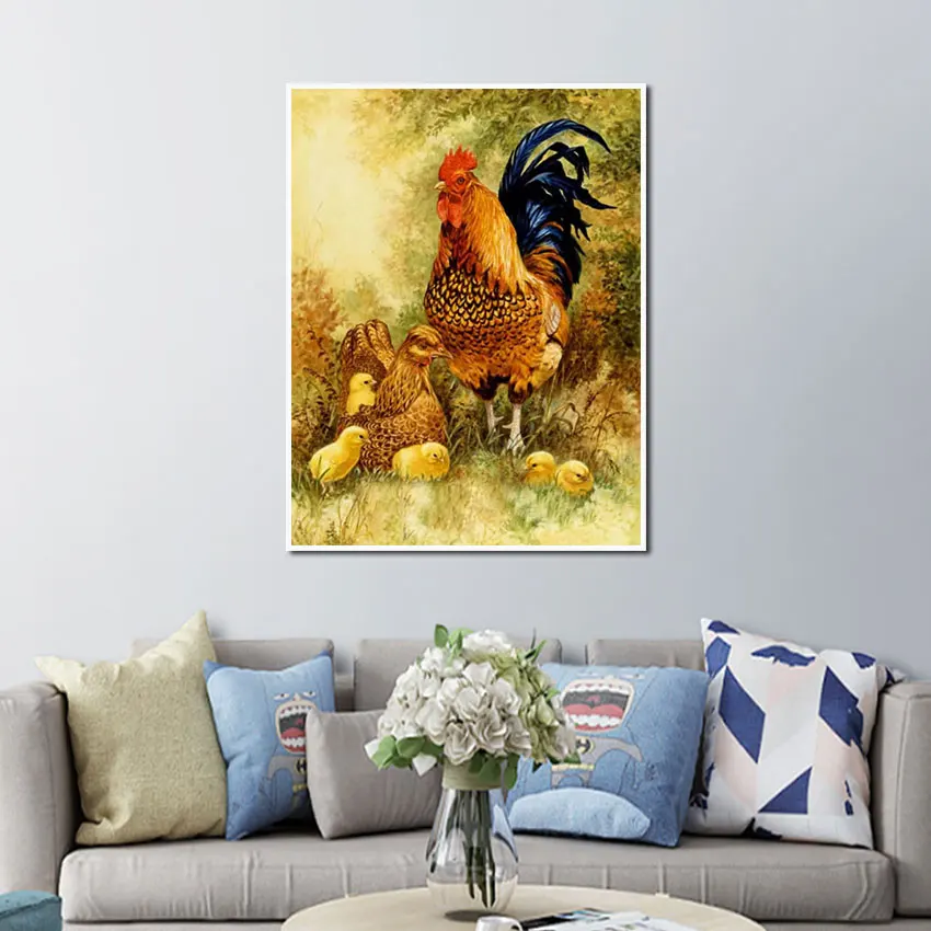 

Farm Pastoral Style Canvas Painting Interior Hen and Chick Poster Animals Chicken Pictures Wall Art for Kids Room Home Design