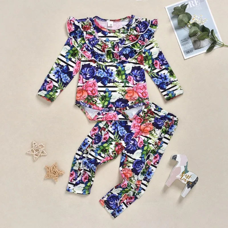

Autumn Baby Girl Long Sleeve Flower Print Romper Top Trousers Outfits Clothes