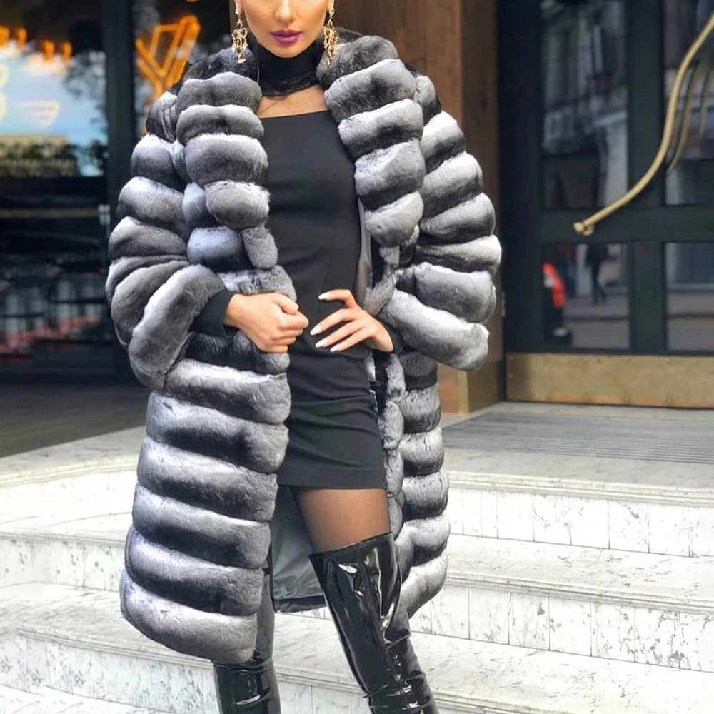 Winter Fashion Real Chinchilla Color Rex Rabbit Fur Coat 90cm Long Women Casual Full Pelt Genuine Rex Rabbit Fur Coats Outwear