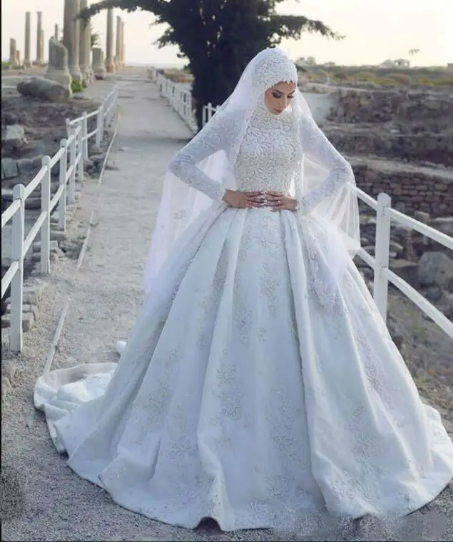 Мусульманское свадебное платье с длинным рукавом и кружевной аппликацией, свадебное платье со шлейфом, Vestido De Novia
