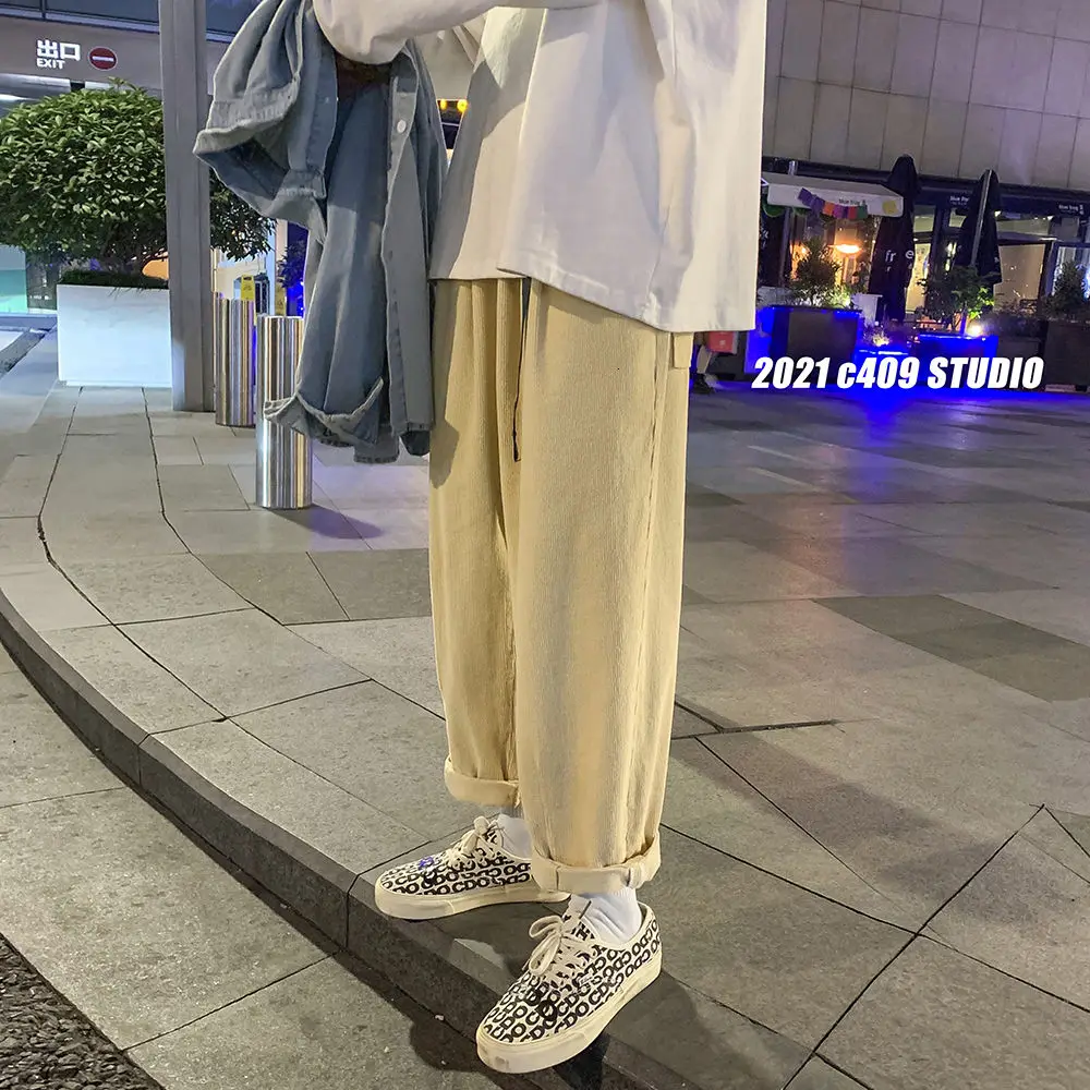 

2021 Men's Corduroy Fabric Baggy Casual Pants Belt Decoration Streetwear Haren Pants Khaki/grey/blue Color Trousers Size M-2XL