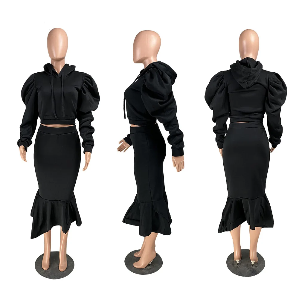 

Autumn Fashion African Women Long Sleeve Solid Color Two Pieces Sets Top and Skirts American Wholesale Clothing
