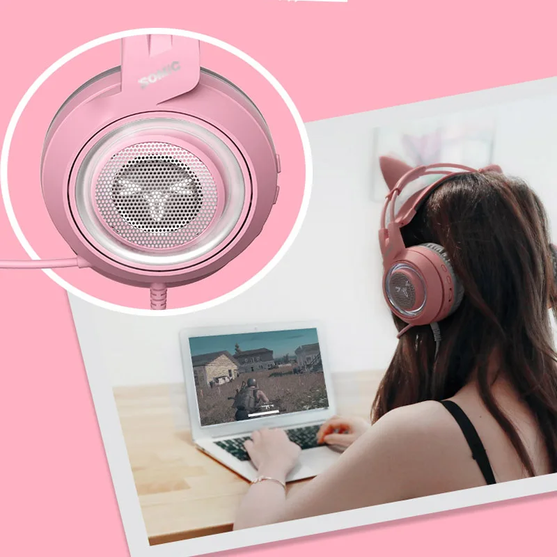 SOMIC G951 USB розовые наушники с кошачьими ушками Virtual 7 1 шумоподавление Игровые