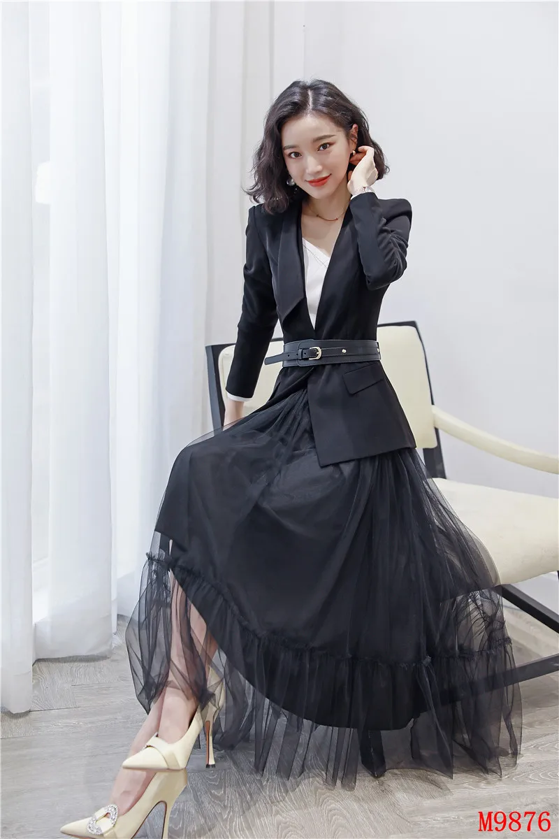 Офисный женский черный Блейзер женские деловые костюмы с юбкой и курткой одежда