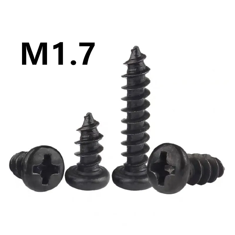 

1000pcs/lot M1.7x4/5/6/8/10/12mm GB845 PA Black 304 stainless steel round head micro pan head cross tapping screw