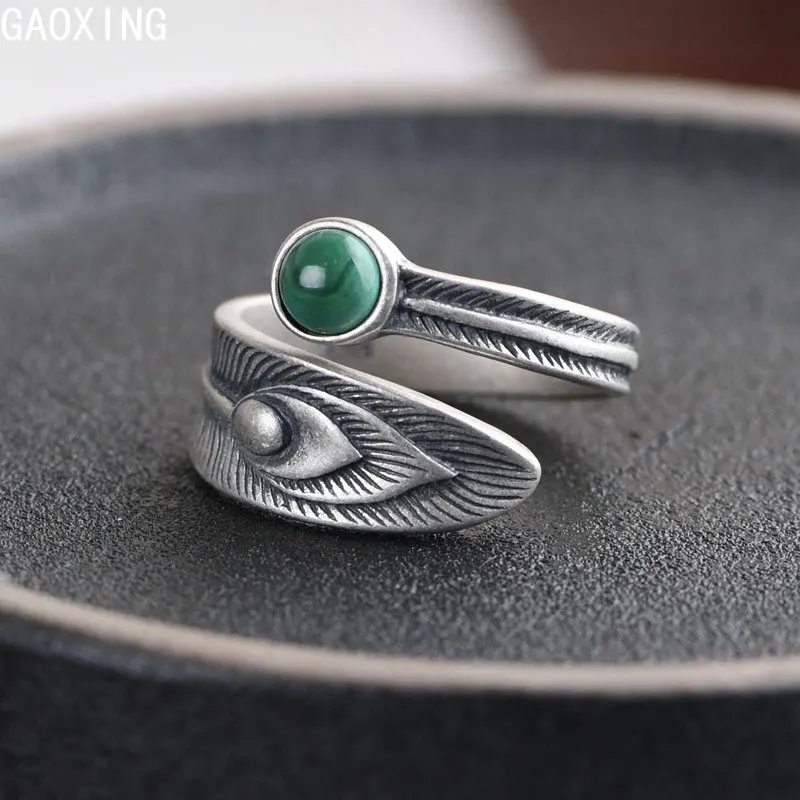 

S925 Silver Vintage Malachite Ring Women's Open Silver Jewelry
