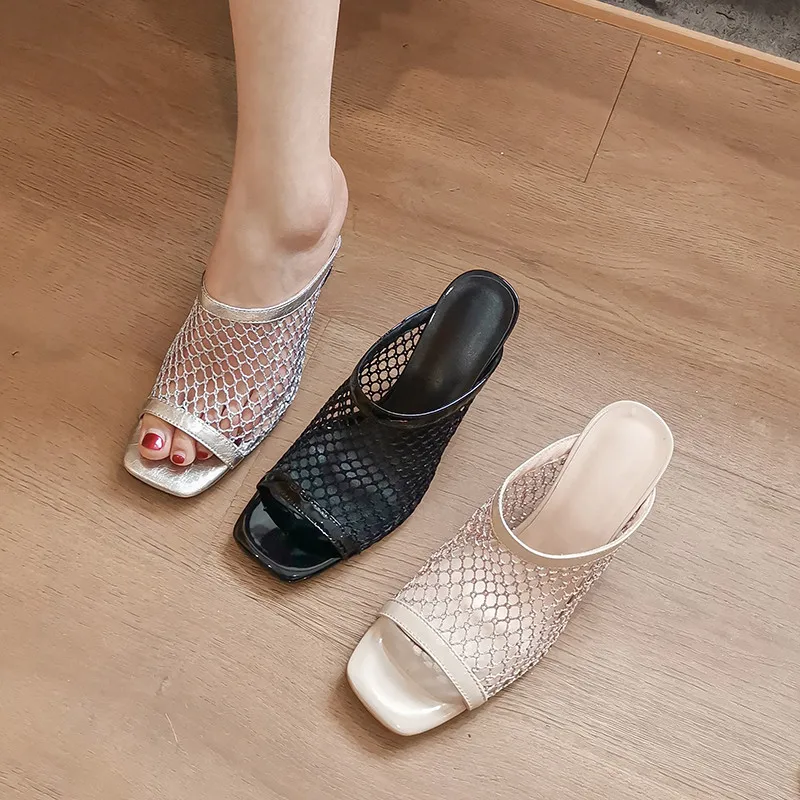 

Drestrive Women's Sandals Square Toe Mesh High Heels 7.5 cm 2020 Summer Gilrs Dress Slippers Outside Black Thin Heel