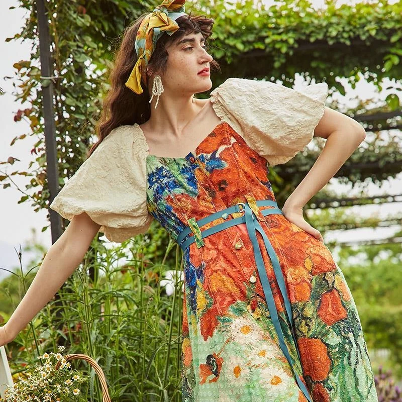 Женское винтажное платье с квадратным вырезом летнее дизайнерское миди принтом