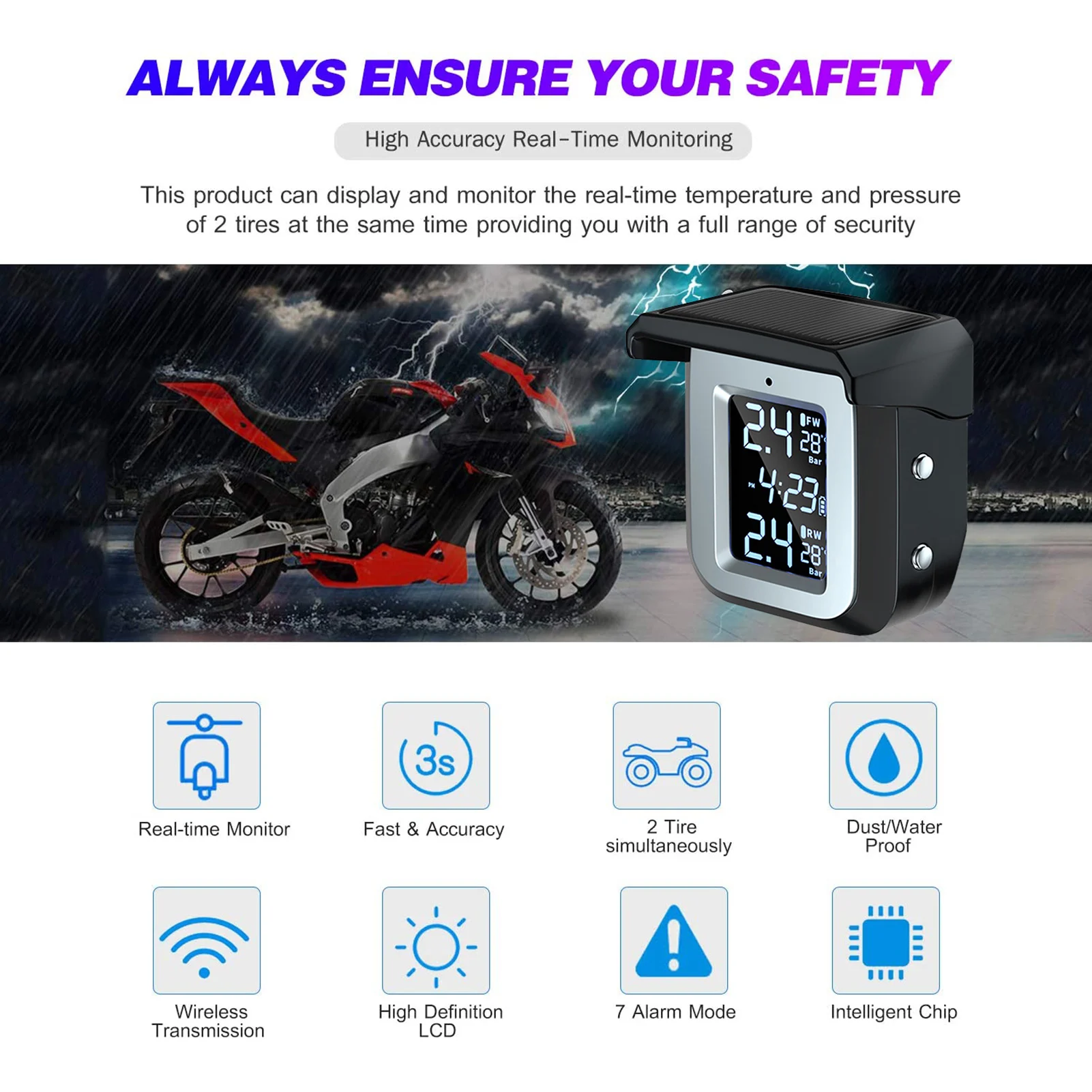 Беспроводная система контроля давления в шинах с солнечной зарядкой и 2 внешними