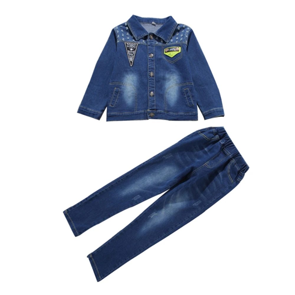 

Spring & Autumn Cowboy Boy Sets New 2021 Korean Version Fashion Denim Jacket Two-Piece Handsome Punch Hole Children's Clothing